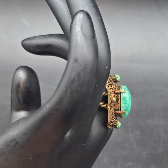 Antique Peking Glass Ring Size 6 Gold Tone Teal Mottled Glass Vintage - Picture 2 of 7